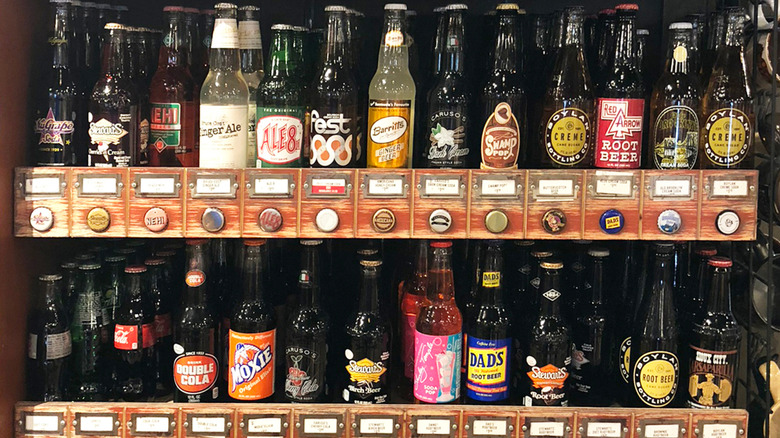 Various vintage soda in glass bottles offered in Cracker Barrel's Country Store