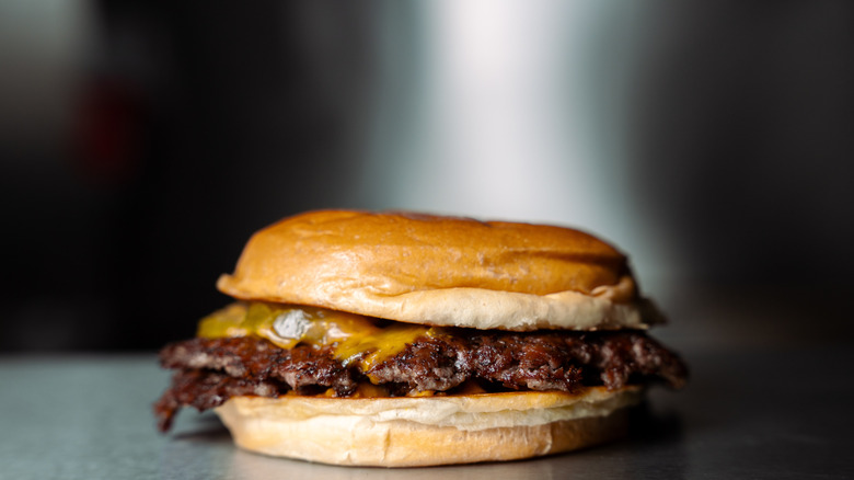 Closeup of a double patty cheeseburger
