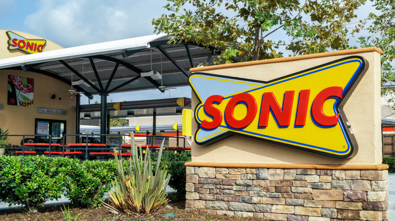 The exterior and sign of a Sonic Drive-In