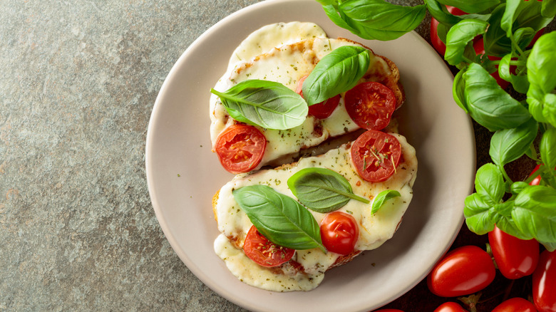 Open-faced grilled cheese sandwich with mozzarella, cherry tomatoes, and fresh basil