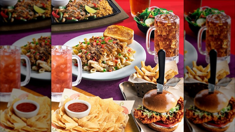 Various dishes and drinks from Chili's restaurant on a colorful background.
