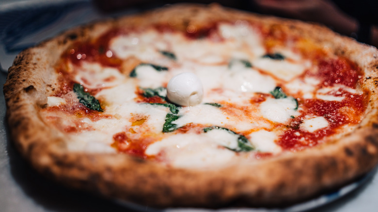 A fresh and hot pizza with cheese, basil, and tomato