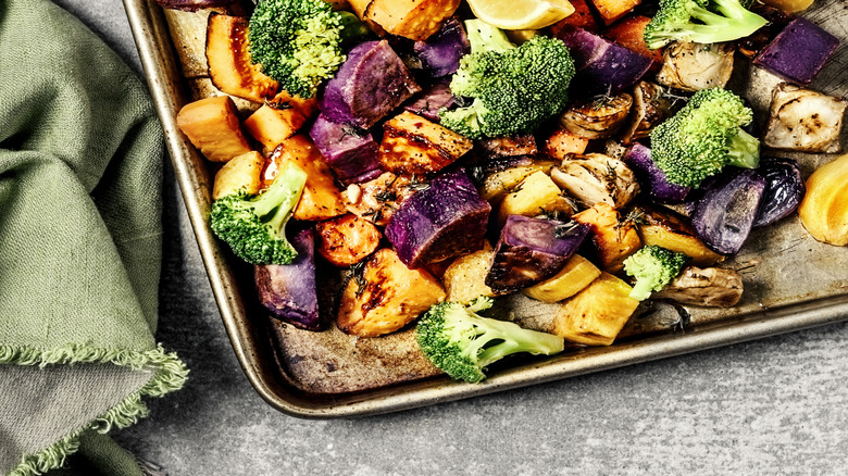 Roasted vegetables on a baking sheet