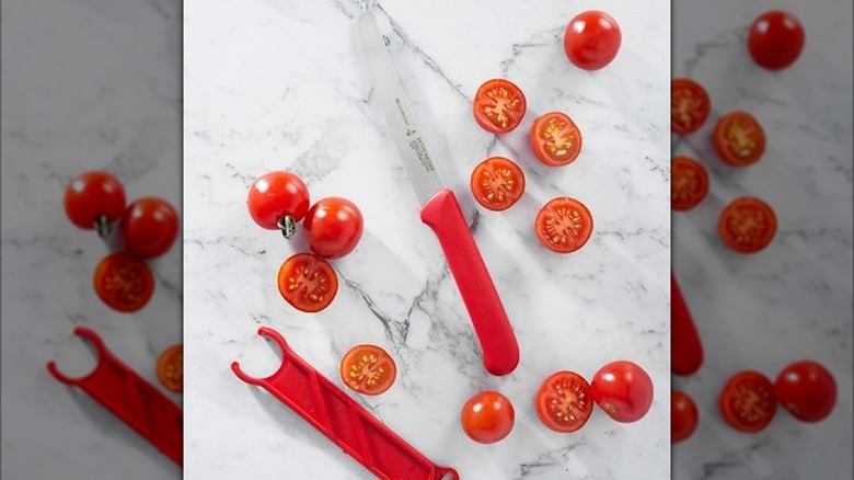Red Messermeister 4.5 inch Serrated Tomato Knife with sheath