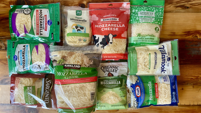 Assorted shredded mozzarella cheese bags.