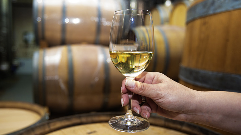 Chardonnay with oak barrels behind it