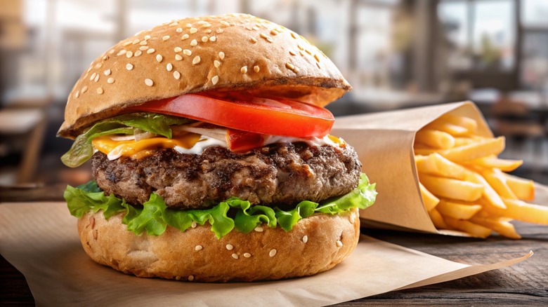 Hamburger and fries on a table