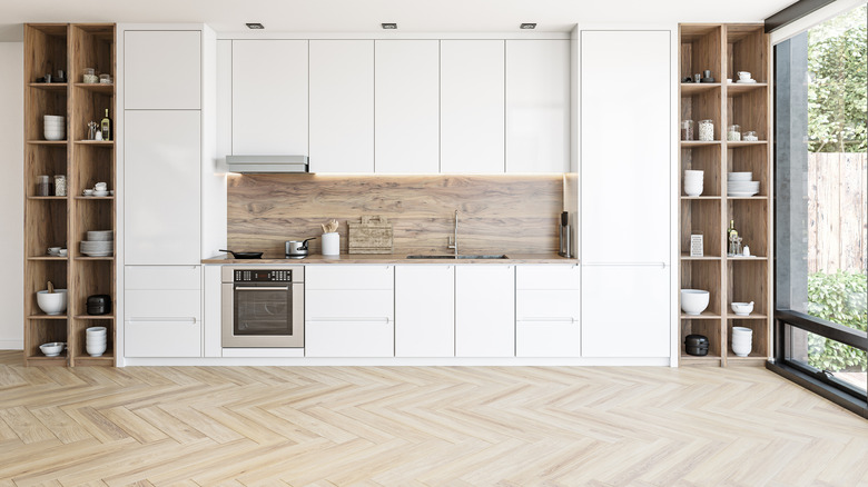 Modern kitchen with high cabinets