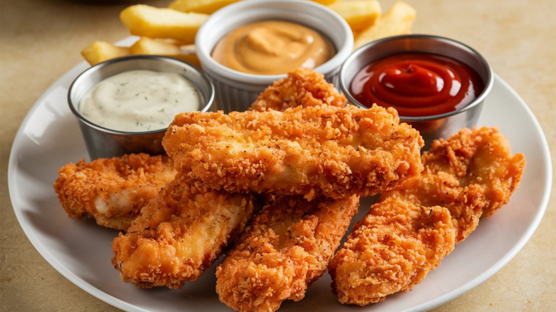 Fresh chicken fingers with fries and various dipping sauces on a plate