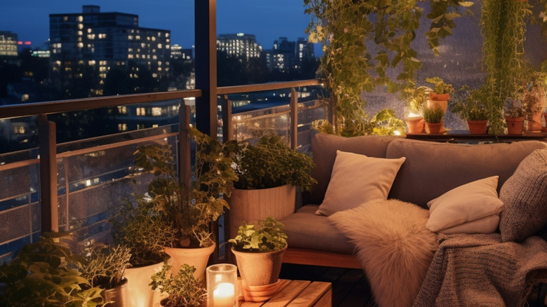A balcony at night adorned with plants, lights, and outdoor furniture