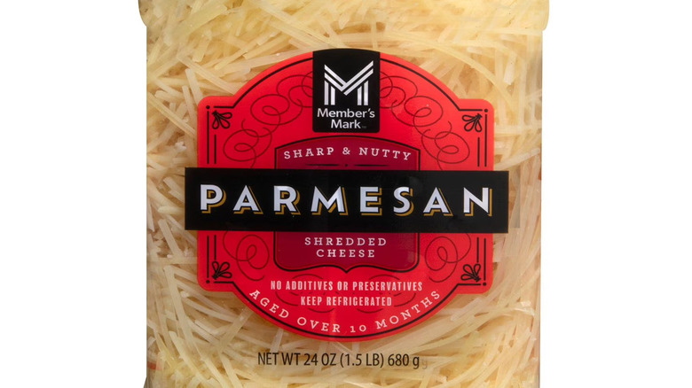A close-up of Sam's Club's Member's Mark shredded parmesan cheese in a 24-oz container