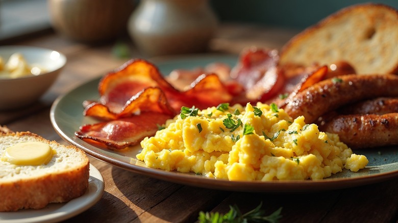 A plate of scrambled eggs with sausage, bacon, and toast