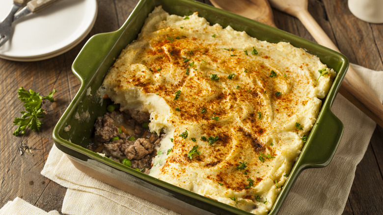 Shepherd's pie in a baking dish.