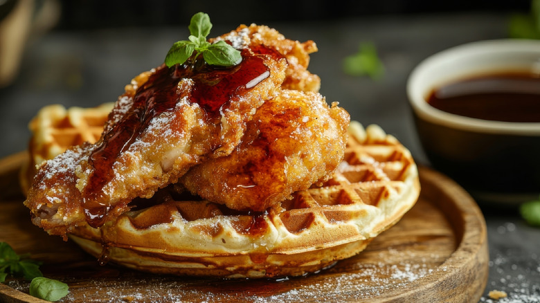 A serving of chicken and waffles is dusted with sugar and drips with maple syrup, a garnish of mint on top