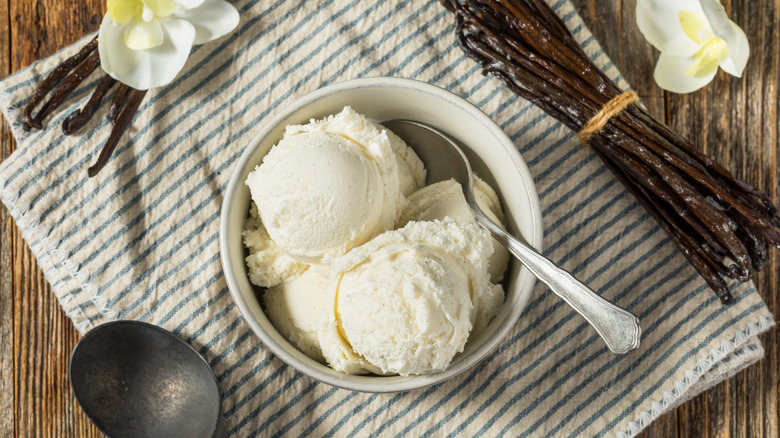 Bowl of vanilla ice cream surrounded by whole vanilla beans