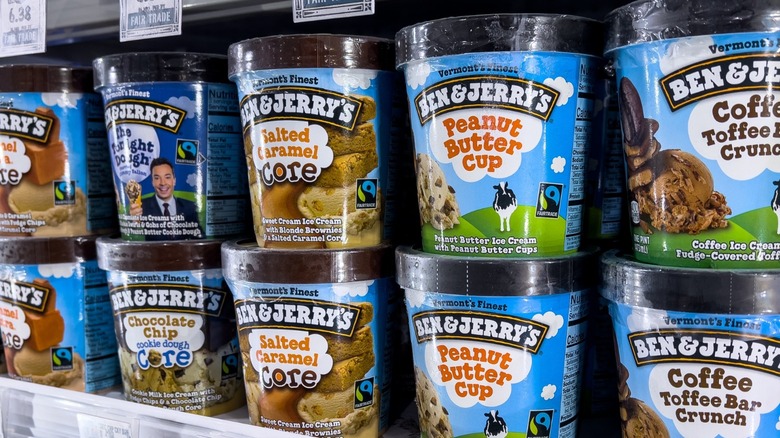 Ben & Jerry's ice cream pints on a shelf 