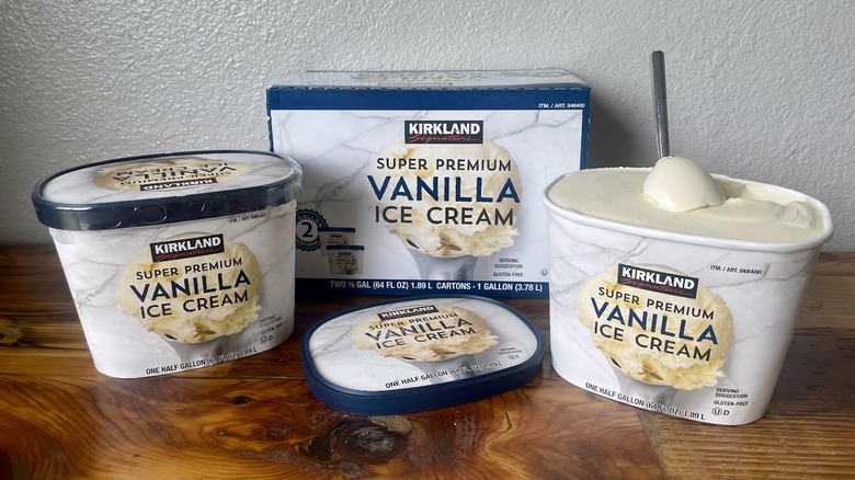 Half gallons of Kirkland Signature Super Premium Vanilla Ice Cream with box packaging