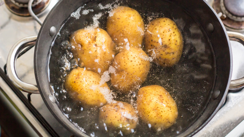 Potatoes boiling in pot on stove