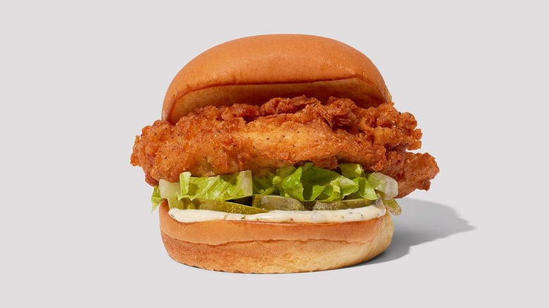 Shake Shack Chicken Shack sandwich on a white background