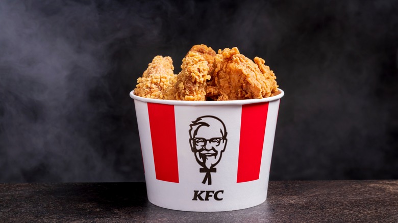 Bucket of KFC chicken resting on a counter