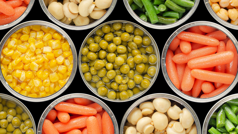 overhead view of canned veggies