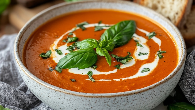 a bowl of tomato soup with fresh basil and cream on top