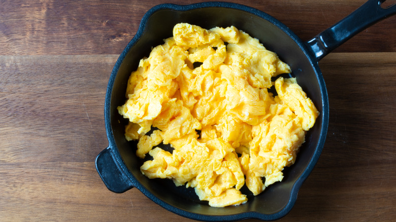 pictured pan of prepared scrambled eggs