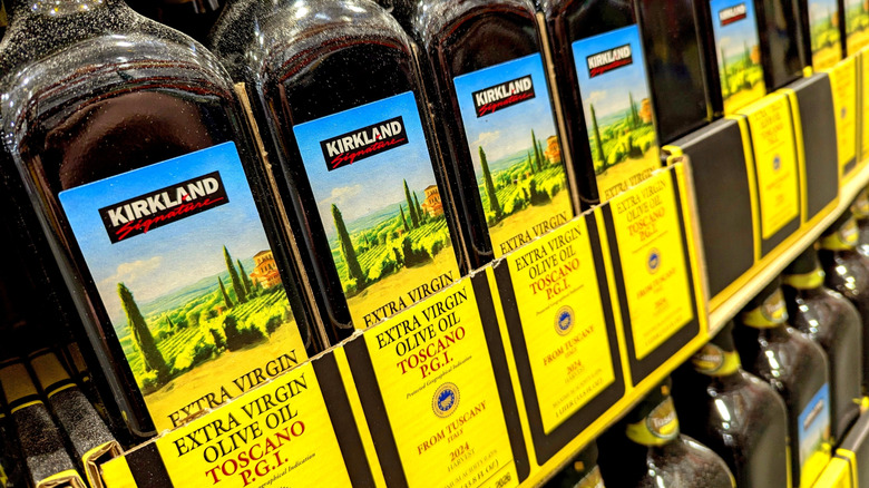 Shelf full of Kirkland Signature Extra Virgin Toscano Olive Oil