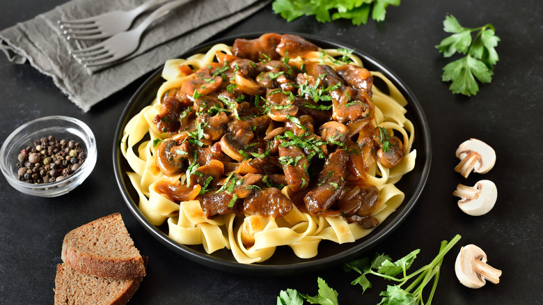 Beef and mushroom stroganoff served over noodles
