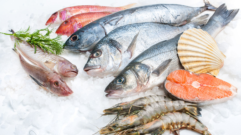 Fresh fish and seafood on ice