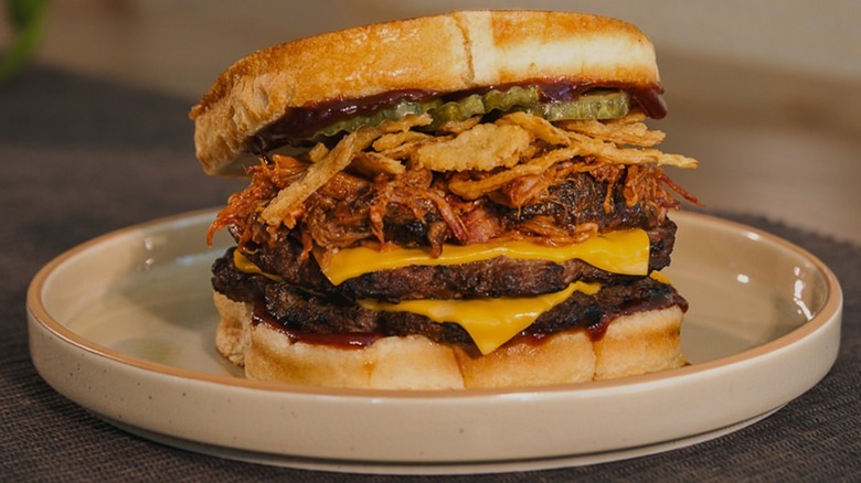 A Hardee's BBQ Pulled Pork Frisco on a ceramic plate.