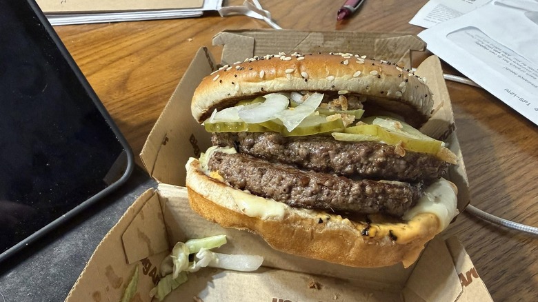 A Big Arch Burger in its box.