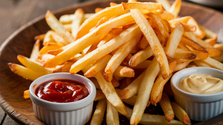 French fries sit on a wooden plate with a white ramekin or ketchup and a white ramekin of a lighter-colored dipping sauce