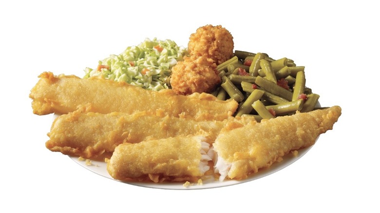 Plate of Captain's D's Batter Dipped fish with hushpuppies, green beans, and coleslaw