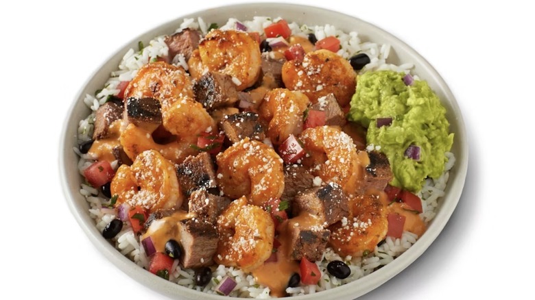 Closeup of Qdoba Surf & Turf bowl with Citrus Lime Shrimp