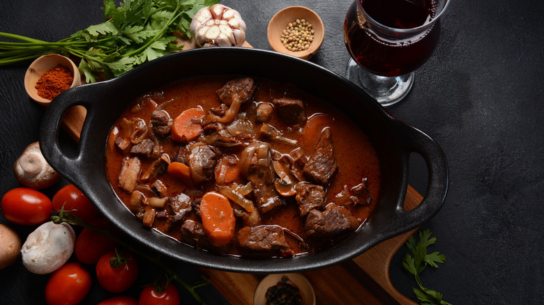 beef bourguignon in pot