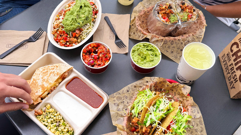 Chipotle burrito bowl, tacos, quesadilla, and a burrito with guac and salsa