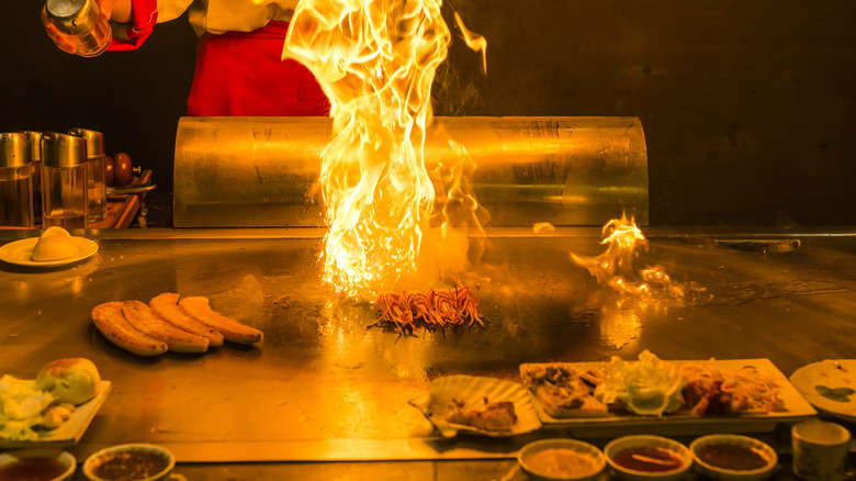 pyrotechnics on the hibachi grill at Benihana