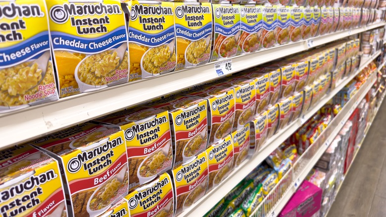 A variety of Maruchan ramen flavors on a shelf at the grocery store