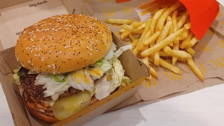 A Big Arch Burger with a side of fries from McDonald's