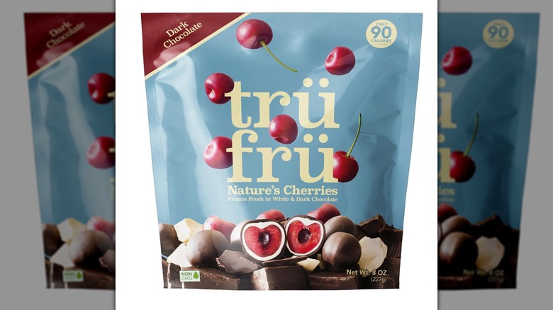 Pictured package of Trü Frü Dark And White Chocolate Cherries.