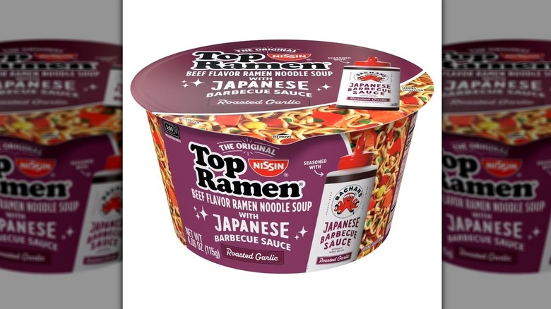 Cup of Top Ramen beef ramen soup with roasted garlic Bachan Japanese barbecue sauce