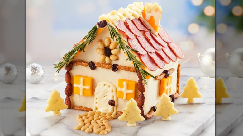 a meat and cheese charcuterie chalet house on a marble platter