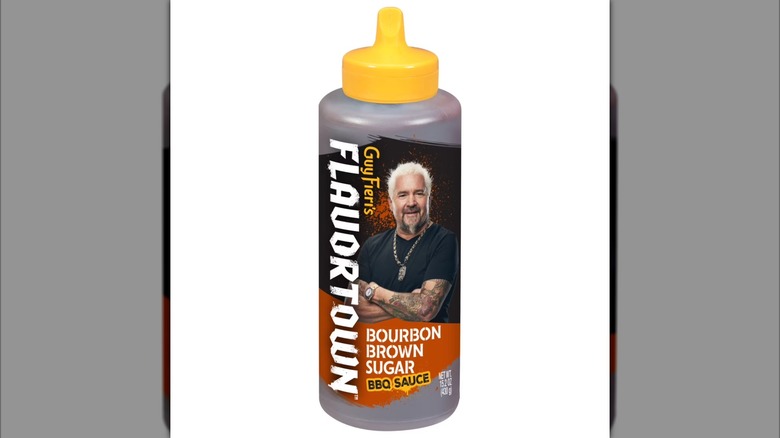 A bottle of Guy Fieri's Flavortown Bourbon Brown Sugar BBQ Sauce