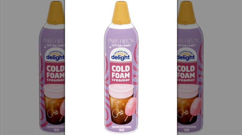 A can of Paris Hilton Cotton Candy Cold Foam Creamer against a white background