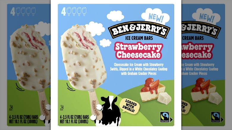 A box of Ben & Jerry's Strawberry Cheesecake Ice Cream Bars.