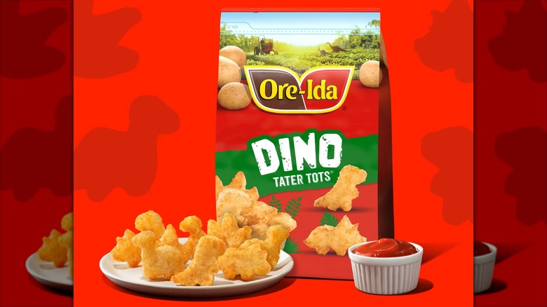 A bag of Ore-Ida Dino Tater Tots sits next to a plate of prepared tots and a ramekin of ketchup.