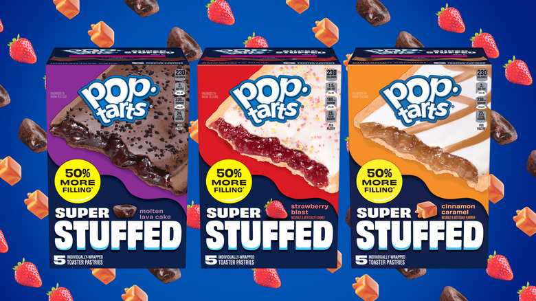 One box each of Pop-Tarts Super Stuffed Molten Lava Cake, Strawberry Blast, and Cinnamon Caramel