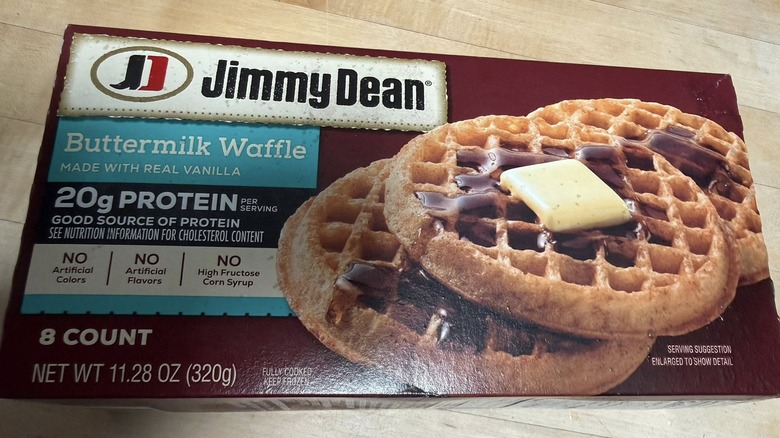 A box of Jimmy Dean waffles sits on a counter