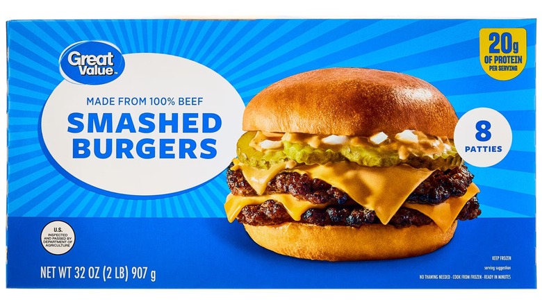 A box of Walmart's Great Value Smashed Burgers